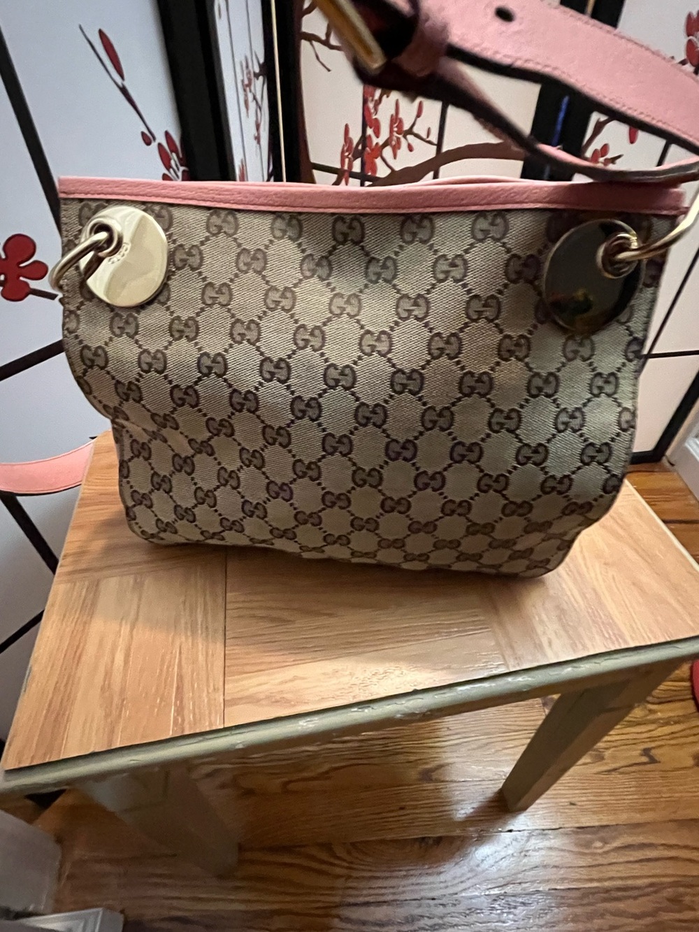 Gucci GG Canvas Tote with Pink Trim and Brown Accents